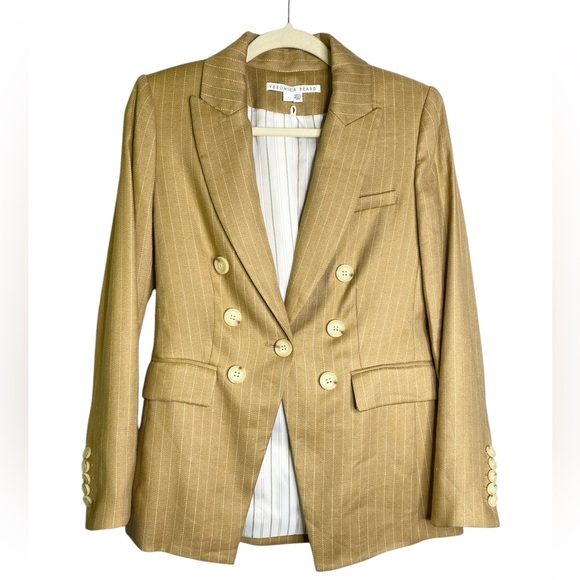 Veronica Beard‎ Gaya Linen-Blend Pinstriped Dickey Blazer Camel - Picture 7 of 11